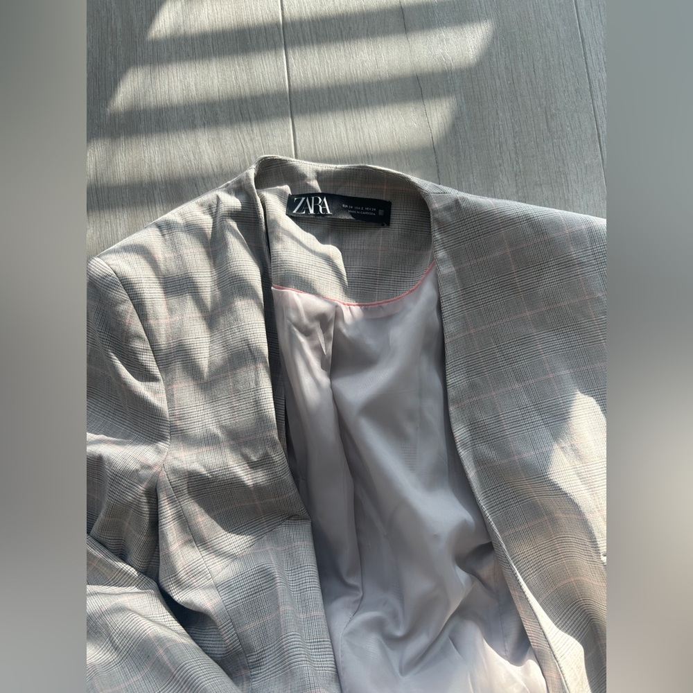 Zara Basic Brown Blazer pink beige pinstripe work - image 3